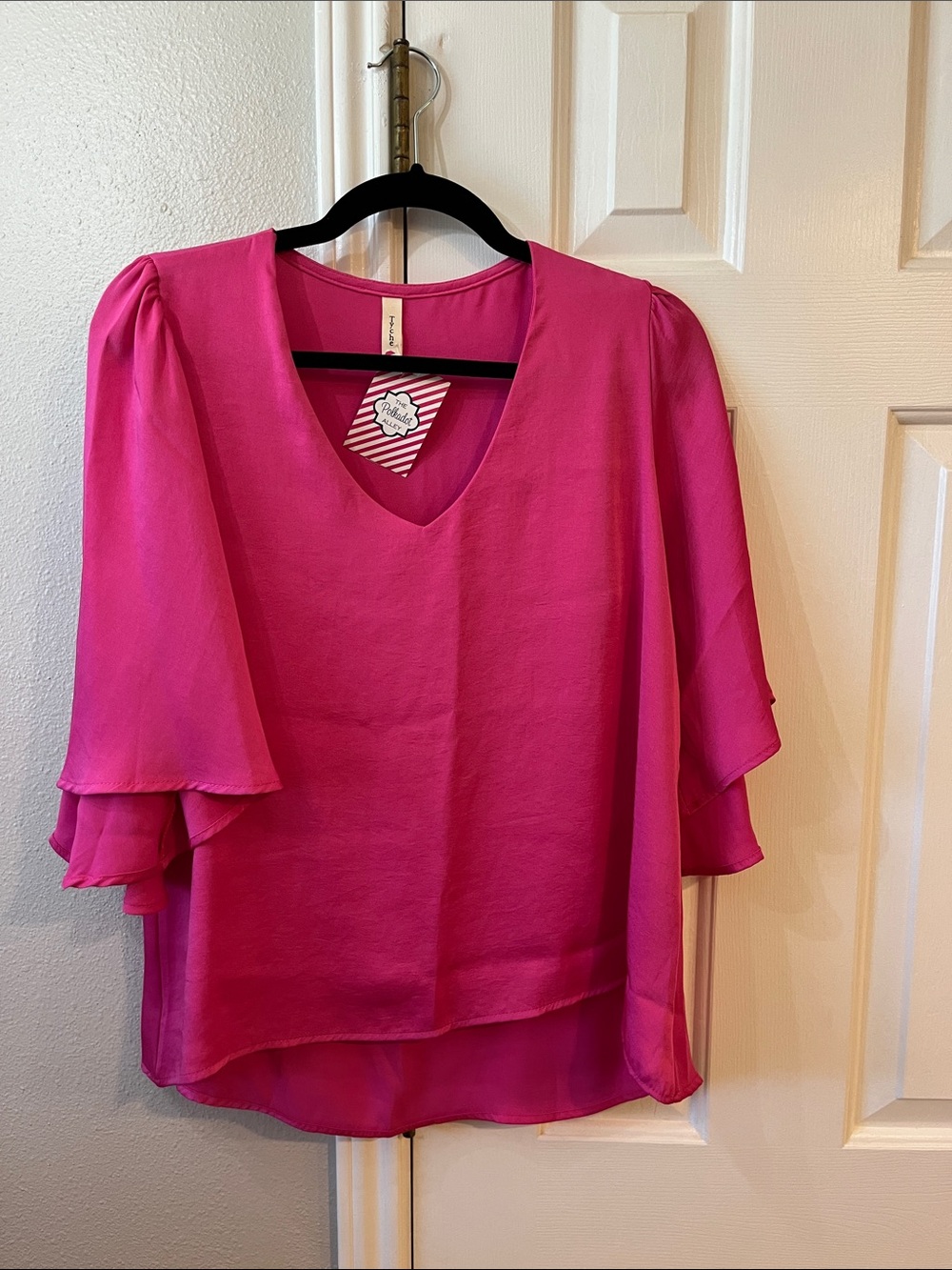 Tyche Hot Pink V-Neck Ruffle Sleeve Blouse